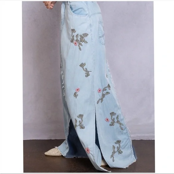 FLOWER CHILD Bohemian Long Denim Maxi Skirt - Picture 9 of 15